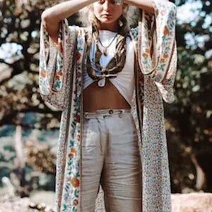 New Retro Vintage Floral Sheer Chiffon Kimono Gypsy Robe Duster On Size NWT
